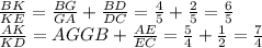 \frac{BK}{KE}=\frac{BG}{GA}+\frac{BD}{DC}=\frac{4}{5}+\frac{2}{5}=\frac{6}{5}\\&#10;\frac{AK}{KD}=\fraC{AG}{GB}+\frac{AE}{EC}=\frac{5}{4}+\frac{1}{2}=\frac{7}{4}