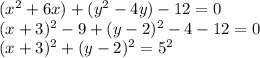 (x^2+6x)+(y^2-4y)-12=0\\(x+3)^2-9+(y-2)^2-4-12=0\\(x+3)^2+(y-2)^2=5^2