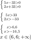 \left \{ {{5x-330} \atop {2x+330}} \right.\\\\\left \{ {{5x33} \atop {2x-33}} \right.\\\\\left \{ {{x6,6} \atop {x-16,5}} \right.\\x\in(6,6;+\infty)