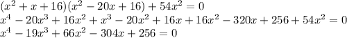 (x^2+x+16)(x^2-20x+16)+54x^2=0&#10;\\\&#10;x^4-20x^3+16x^2+x^3-20x^2+16x+16x^2-320x+256+54x^2=0&#10;\\\&#10;x^4-19x^3+66x^2-304x+256=0