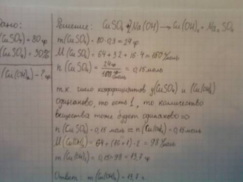 Какую массу гидроксида меди (ii) можно получить из 80г 30% -ного раствора сульфата меди (ii)? только