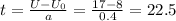 t=\frac{U- U_{0} }{a} = \frac{17-8}{0.4}=22.5