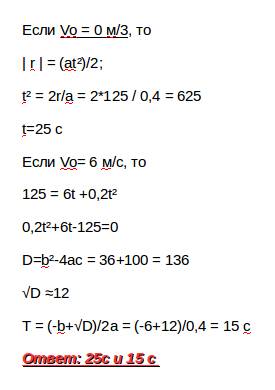 Лыжник спускается с горы длиной 125м. сколько времени займёт спуск, если ускорение 0,4 м/с^2, а нача