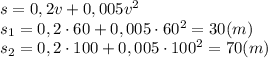 s=0,2v+0,005v ^2&#10;\\\&#10;s_1=0,2\cdot60+0,005\cdot60^2=30(m)&#10;\\\&#10;s_2=0,2\cdot100+0,005\cdot100^2=70(m)