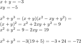 x+y=-3\\&#10;xy=-5\\&#10;\\&#10;x^3+y^3=(x+y)(x^2-xy+y^2)=\\&#10;(x+y)^2=x^2+2xy+y^2=9\\&#10;x^2+y^2=9-2xy=19\\&#10;\\&#10;x^3+y^3=-3(19+5)=-3*24=-72\\&#10;\\&#10;