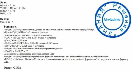 При сжигании 0.29 г газообразного углеводорода получили 448 мл со2 и 0.45 паров воды. относительная