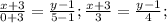 \frac{x+3}{0+3}= \frac{y-1}{5-1}; \frac{x+3}{3}= \frac{y-1}{4};