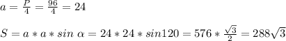 a= \frac{P}{4} = \frac{96}{4} =24\\\\&#10;S=a*a*sin\ \alpha =24*24* sin120=576* \frac{ \sqrt{3} }{2} =288 \sqrt{3}