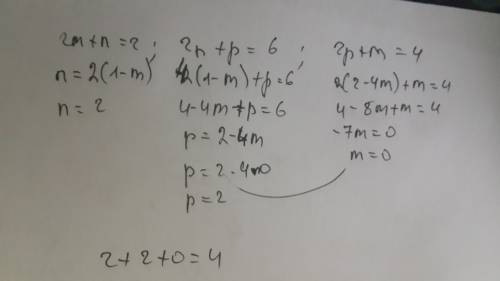 Если 2m+n=2; 2n+p=6 и 2p+m=4, то чему равно m+n+p?