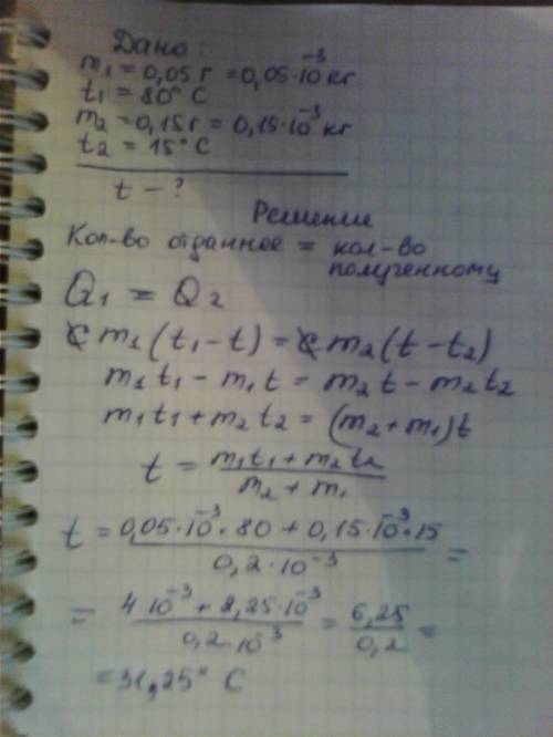 Воду массой 0,05 г при температуре 80*с смешали с водой массой 0,15 г при температуре 15*с. определи