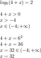 log_{6}(4+x)=2\\\\4+x0\\x-4\\x\in(-4;+\infty)\\\\4+x=6^2\\4+x=36\\x=32\in(-4;+\infty)\\x=32