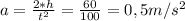 a = \frac{2*h}{t^{2}} = \frac{60}{100} = 0,5 m/s^{2}