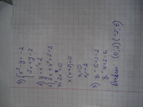 Решите систему уравнений 1)2xy=5 и 2x+y=6 2)3xy=1 и 6x+y=3 3)x в квадрате - y=-2 и 2x+y=2