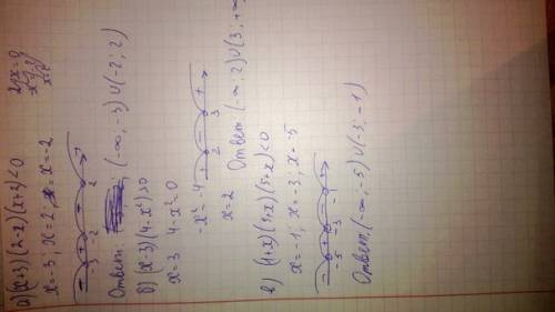 Решите неравенство: а) (х+3)(2-х)(х+2)< 0, б)(х-3)(4-х^2)> 0, в)(1+x)(3+x)(5+x)< 0