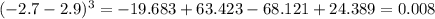 (-2.7-2.9)^{3}=-19.683+63.423-68.121+24.389=0.008