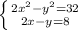 \left \{ {{2 x^{2} - y^{2}=32 } \atop {2x-y=8}} \right.