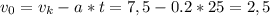 v_{0} = v_{k} - a * t = 7,5 - 0.2 * 25 = 2,5