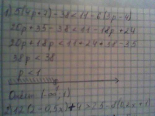 Решите неравенство: 1)5(4p+7)-38< 11-6(3p-4) 2)12(2-0.5x)=4> 25-8(0.2x+1) 3)2.8(3-2q)-0.64<