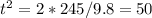 t^{2}=2*245/9.8=50