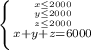 \left \{ {{{x \leq 2000} \atop {y \leq 2000}} \atop {z \leq 2000}} \atop {x+y+z=6000}\right.