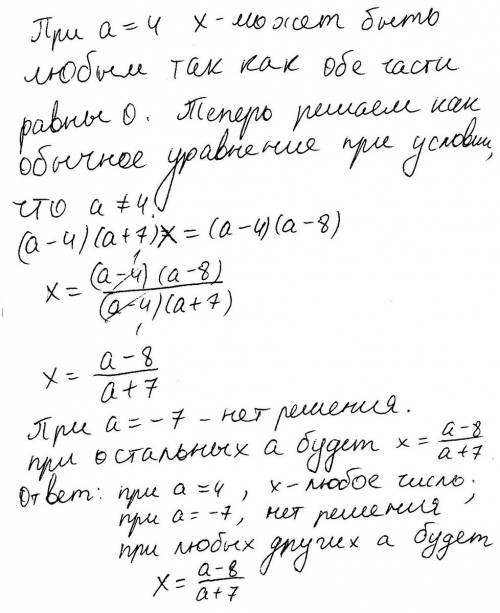 (а-4)(а+7)х=(а-4)(а-8) решить уравнение для любого параметра а.