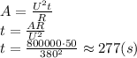 A= \frac{U^2t}{R} &#10;\\\&#10;t= \frac{AR}{U^2} &#10;\\\&#10;t= \frac{800000\cdot50}{380^2} \approx277(s)