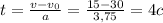 t = \frac{v-v_{0}}{a} = \frac{15-30}{3,75} =4c