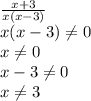 &#10; \frac{x+3}{x(x-3)} &#10;\\\&#10;x(x-3) \neq 0&#10;\\\&#10;x \neq 0&#10;\\\&#10;x-3 \neq 0&#10;\\\&#10;x \neq 3