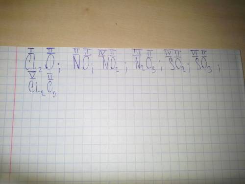 Определите валентность элементов по формулам их соединений: cl2o,no,no2,n2o3,so2,so3,cl2o5