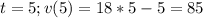 t=5; v(5)=18*5-5=85