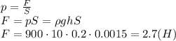 p= \frac{F}{S}&#10; \\\&#10;F=pS=\rho ghS&#10;\\\&#10;F=900\cdot10\cdot0.2\cdot0.0015=2.7(H)