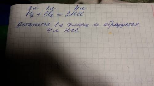 Смесь, состоящую из 2л водорода и 3л хлора взорвали в закрытом сосуде. какие газы и в каком количест