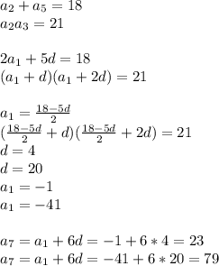 a_{2}+a_{5}= 18\\ a_{2}a_{3}=21\\ \\ 2a_{1}+5d=18\\ (a_{1}+d)(a_{1}+2d)=21\\ \\ a_{1} = \frac{18-5d}{2}\\ (\frac{18-5d}{2}+d)(\frac{18-5d}{2}+2d)=21\\ d=4\\ d=20\\ a_{1}=-1\\ a_{1}=-41\\ \\ a_{7}=a_{1}+6d=-1+6*4=23\\ a_{7}=a_{1}+6d=-41+6*20=79\\