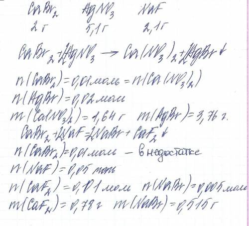 Смешали три водных раствора, содержавшие 2,0 г, 5,1г и 2,1г бромида кальция, нитрата серебра и фтори