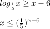 log_{ \frac{1}{5}}x \geq x-6 \\ \\ x \leq ( \frac{1}{5})^{x-6}