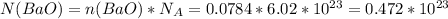 N(BaO) = n(BaO) * N_A = 0.0784 * 6.02 * 10^{23} = 0.472 *10^{23}