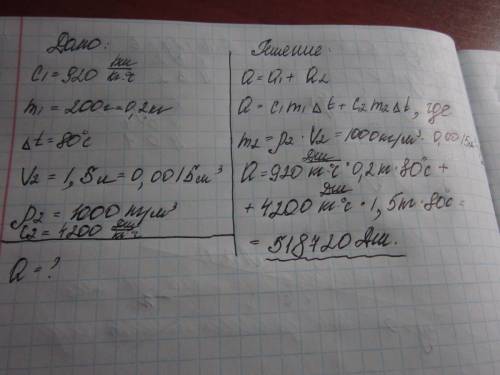 Какое количество теплоты получили алюминивая кастрюля массой 200 г и находящаяся в ней вода объёмом