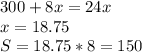 300+8x=24x\\&#10;x=18.75\\&#10;S=18.75*8=150