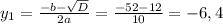 y_{1} = \frac{-b- \sqrt{D}}{2a} = \frac{-52-12}{10}=- 6,4