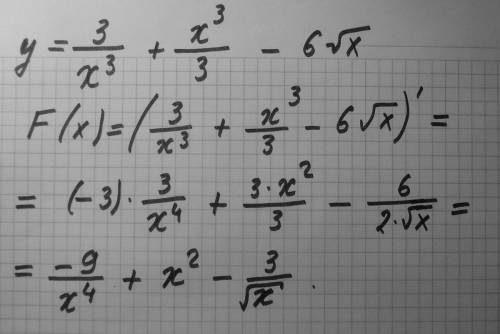 Найти производную y=3/x^3+x^3/3-6корень x