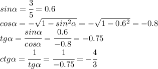 sin \alpha = \cfrac{3}{5} =0.6&#10;\\\&#10;cos \alpha =- \sqrt{1-sin^2 \alpha } =- \sqrt{1-0.6^2 } =-0.8&#10;\\\&#10;tg \alpha = \cfrac{sin \alpha }{cos \alpha } = \cfrac{0.6}{-0.8} =-0.75&#10;\\\&#10;ctg \alpha = \cfrac{1}{tg \alpha }= \cfrac{1}{-0.75} =- \cfrac{4}{3}