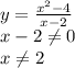 y= \frac{ x^{2} -4}{x-2} \\&#10;x-2 \neq 0\\x \neq 2\\&#10;&#10;\\