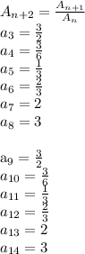 A_{n+2}=\frac{A_{n+1}}{A_{n}}\\&#10;a_{3}=\frac{3}{2}\\&#10;a_{4}=\frac{3}{6}\\&#10;a_{5}=\frac{1}{3}\\&#10;a_{6}=\frac{2}{3}\\&#10;a_{7}=2\\&#10; a_{8}=3\\&#10;&#10;a_{9}=\frac{3}{2}\\&#10;a_{10}=\frac{3}{6}\\&#10;a_{11}=\frac{1}{3}\\&#10;a_{12}=\frac{2}{3}\\&#10;a_{13}=2\\&#10;a_{14}=3\\&#10;