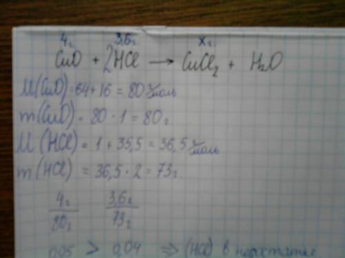 Масса cuo 4 грамма,масса hcl 3,6 грамм. найдите массу cucl