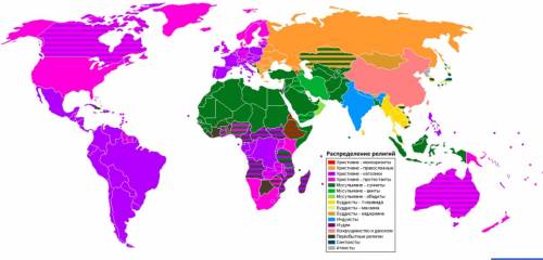 1)найдите материки население которых исповедует преимущественно одну религию 2)определите материки р