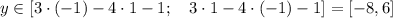 y\in[3\cdot (-1)-4\cdot 1-1;\quad 3\cdot 1-4\cdot(-1) -1]=[-8,6]