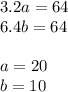 3.2a=64\\&#10;6.4b=64\\&#10;\\&#10;a=20\\&#10;b=10&#10;&#10;