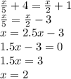\frac{x}{5}+4=\frac{x}{2}+1 \\&#10;\frac{x}{5}=\frac{x}{2}-3 \\&#10;x=2.5x-3 \\&#10;1.5x-3=0 \\&#10;1.5x=3 \\&#10;x=2