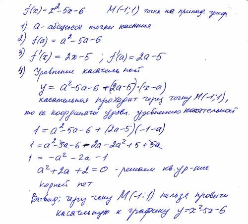 Составить уравнение касательной графика функции f(x)=-x^2-5x-6 проходит через точку м(-1; 1) не прин