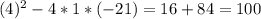 (4) ^{2} -4*1*(-21)=16+84=100